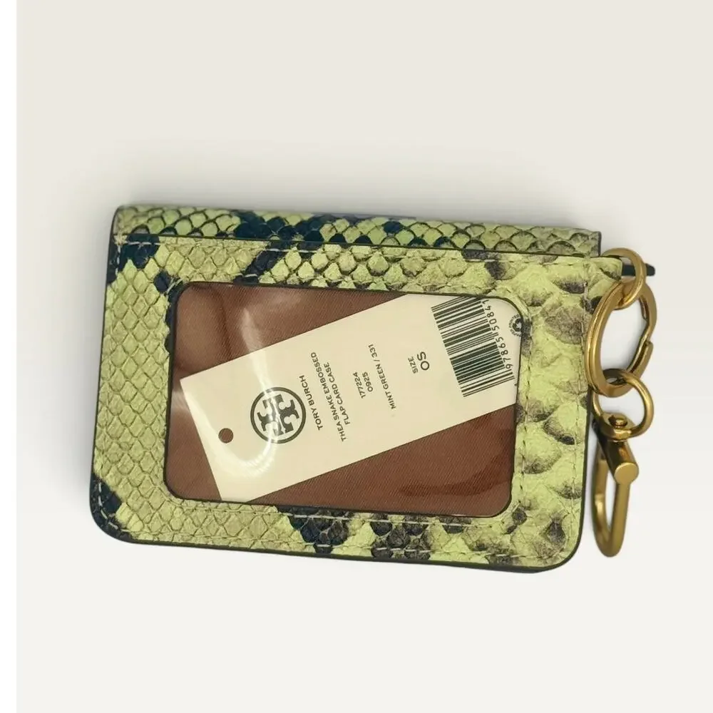 NEW $198 Tory Burch Flap Card Case Wallet Snake Python Animal Exotic Mint Green